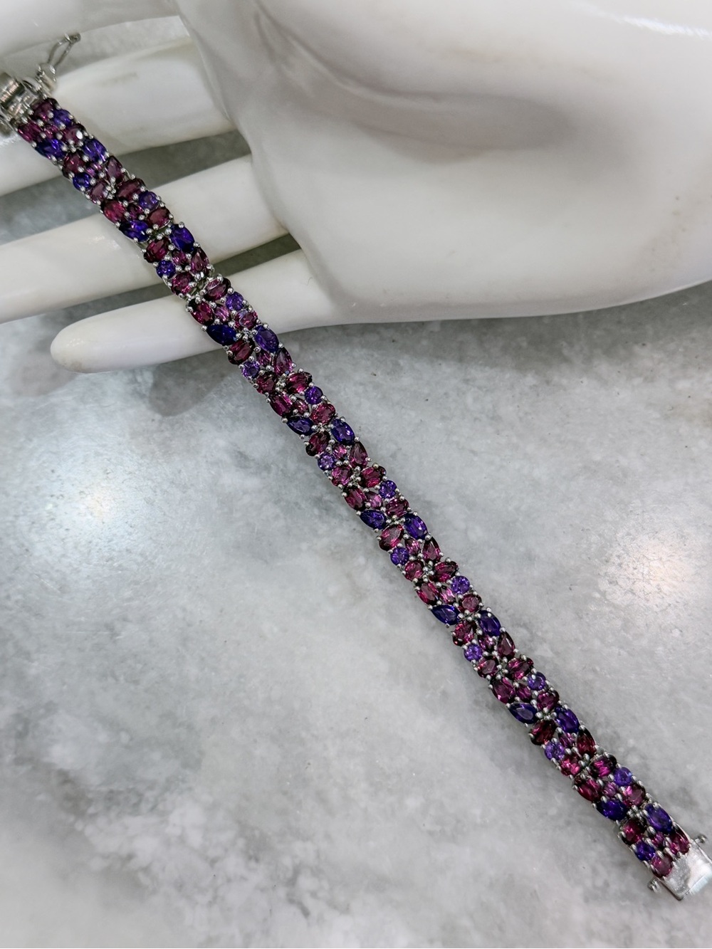 Orissa Rhodolite Garnet & Amethyst Floral Sterling Silver Wide 6.50” Bracelet - Picture 3 of 15